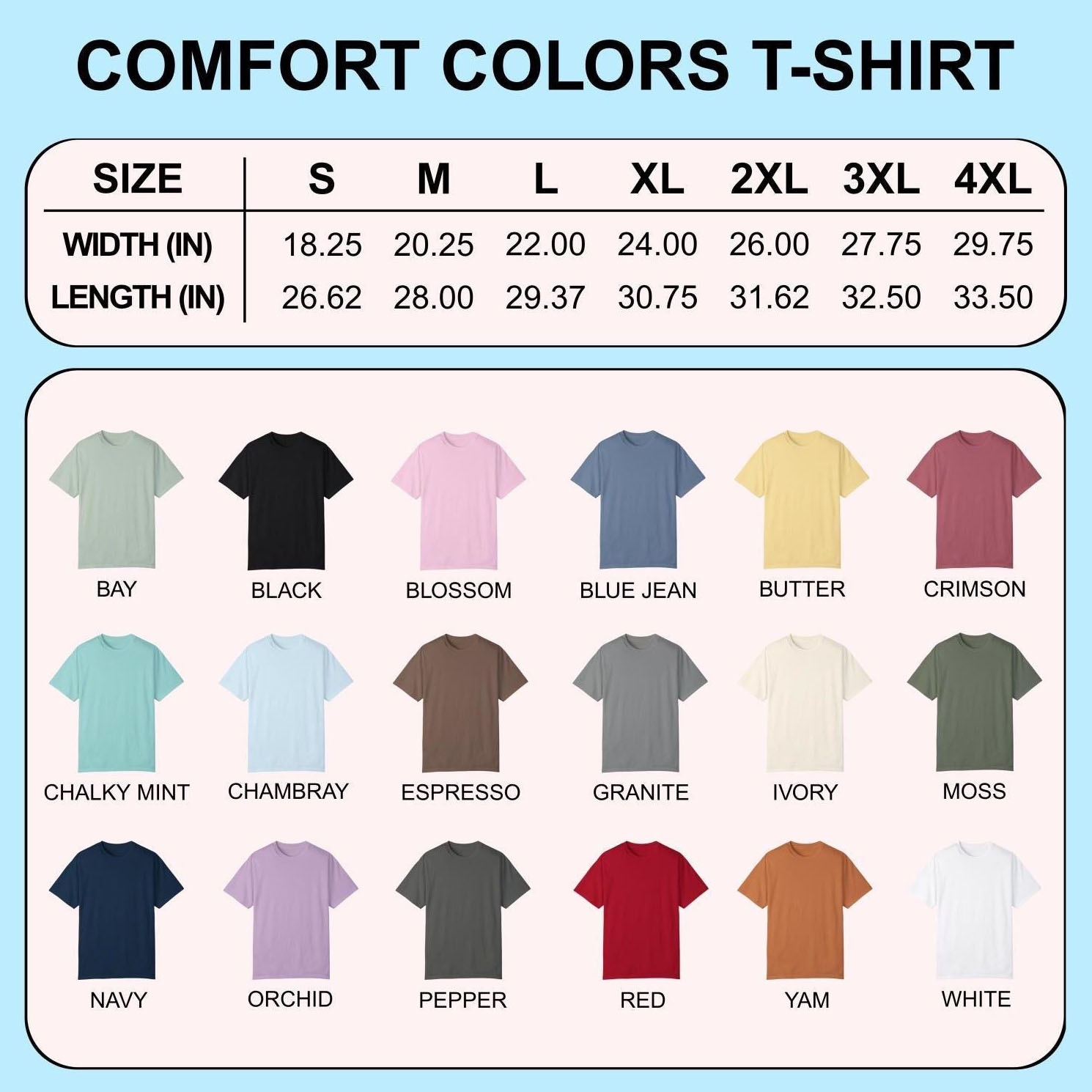 comfort tee size color copy