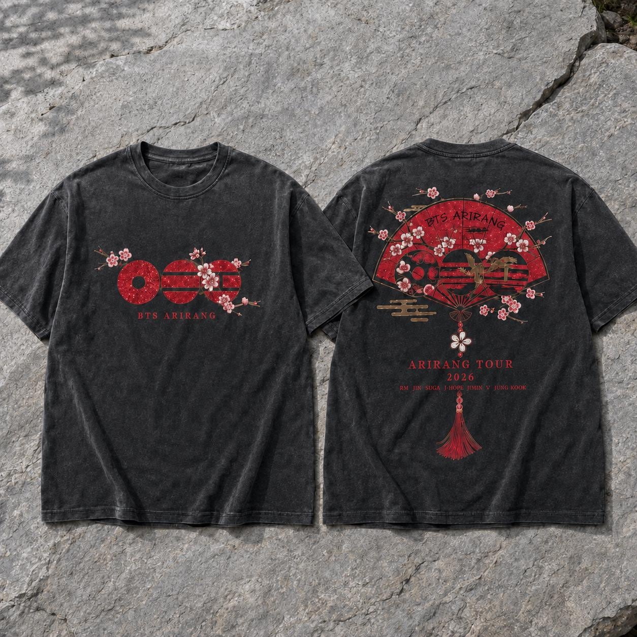 BTS Arirang Korean Folding Fan Comfort Colors® Shirt, Two Sided Cherry Blossom Tour 2026 Tee, Red Black Kpop Concert Outfit, ARMY Fan Gift